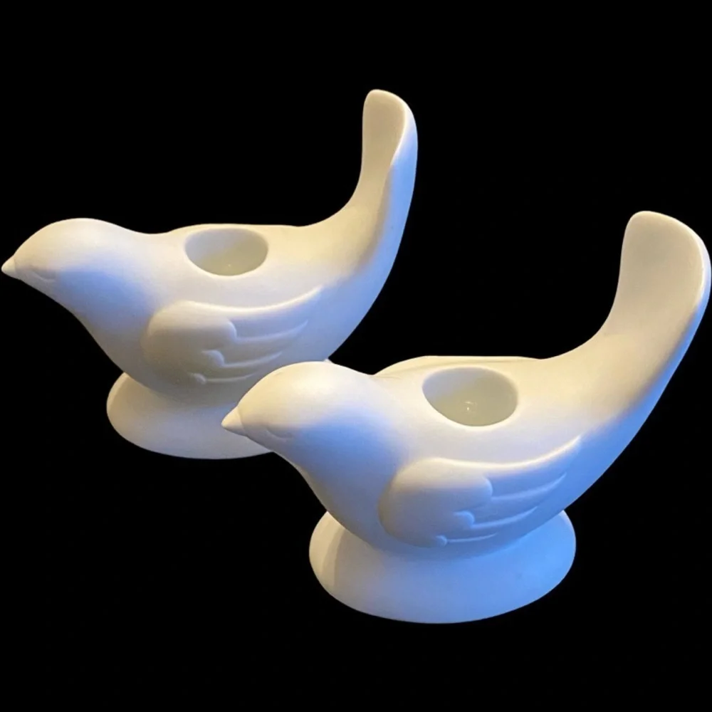Avon Pair of White Bird Taper Vintage Candle Holders.